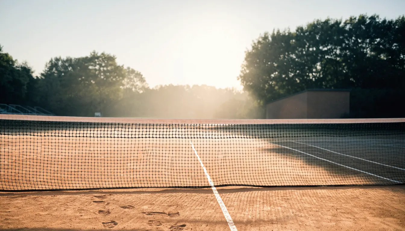 Ein Tennisplatz aus Sand bei Sonnenaufgang, das Netz im Gegenlicht, kein Mensch zu sehen.