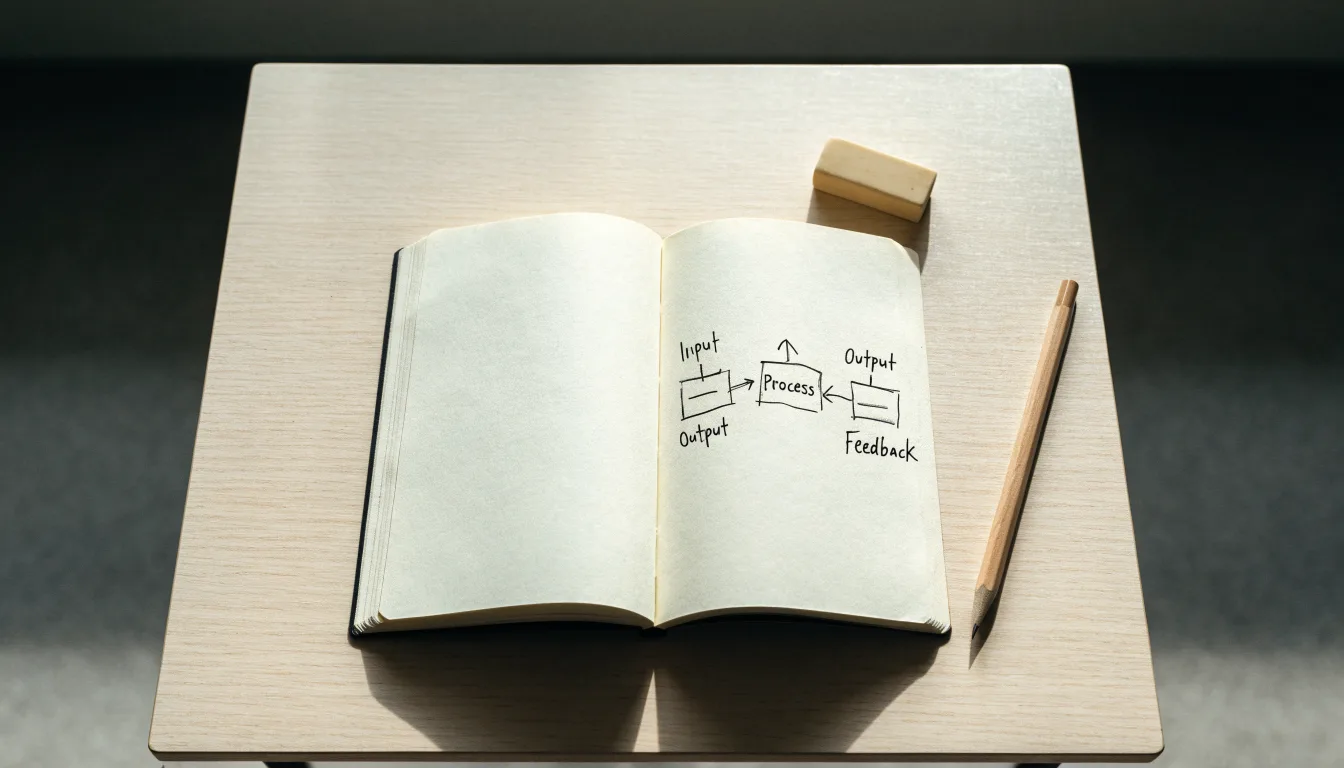 Ein Notizbuch mit handgezeichneten Knoten und Linien liegt neben einem Bleistift auf einem Schreibtisch.