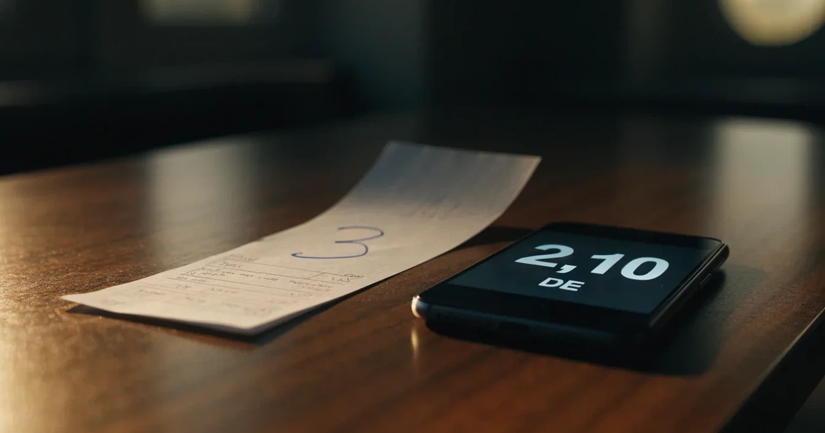 Eine einzelne goldfarbene Münze ohne Prägung liegt auf einem dunklen Tisch, daneben ein ausgeschaltetes Smartphone.