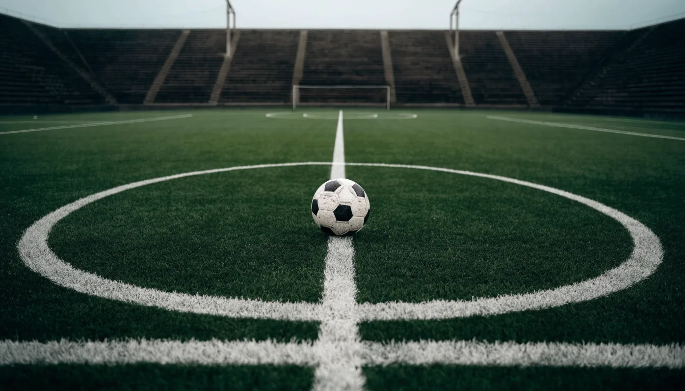 Ein Fußball liegt auf dem Anstoßpunkt eines leeren Rasenplatzes, im Hintergrund eine ruhige Tribüne unter bedecktem Himmel.
