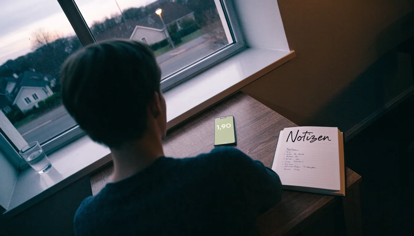 Die Silhouette einer Person sitzt am Abend am Fenster und blickt auf eine Straße, auf dem Fensterbrett steht ein Glas Wasser.