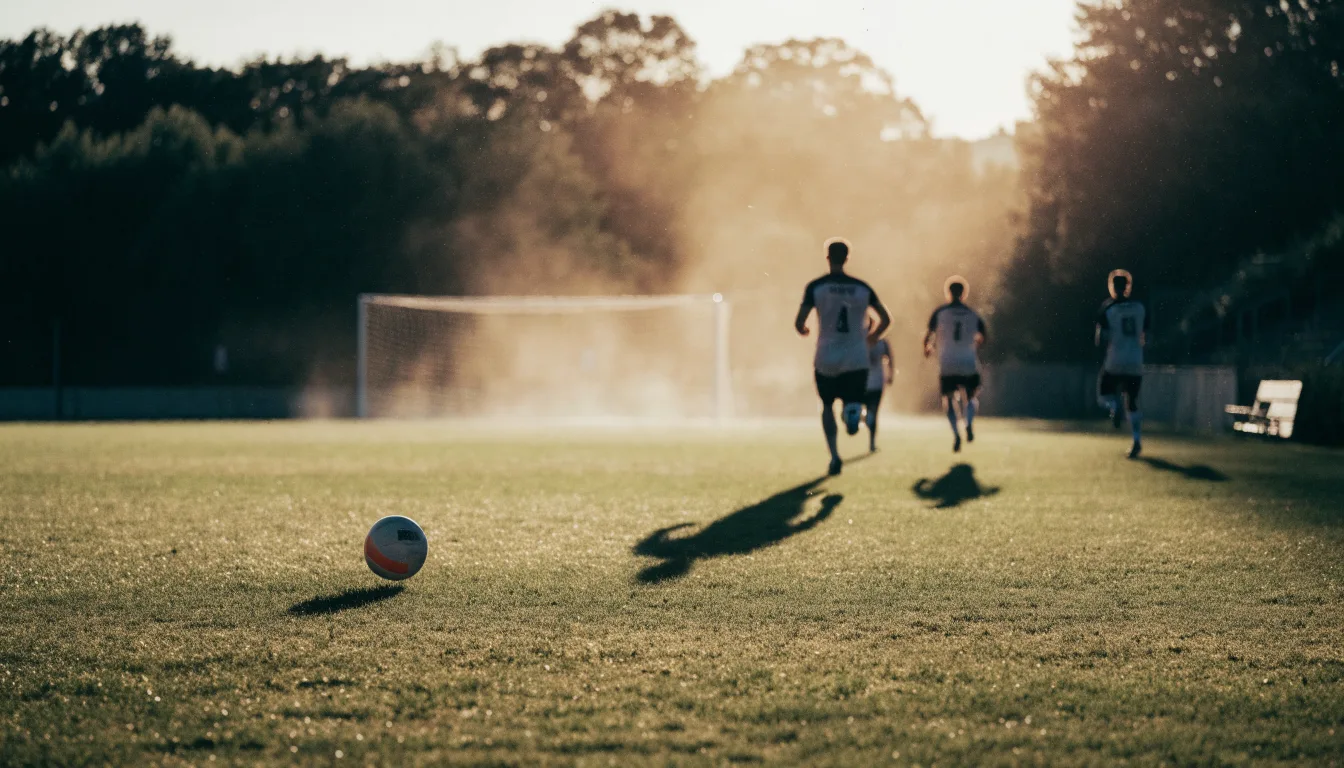 Ein Fußball auf einem Rasenplatz im Gegenlicht der tiefstehenden Sonne, am Spielfeldrand eine leere Ersatzbank.