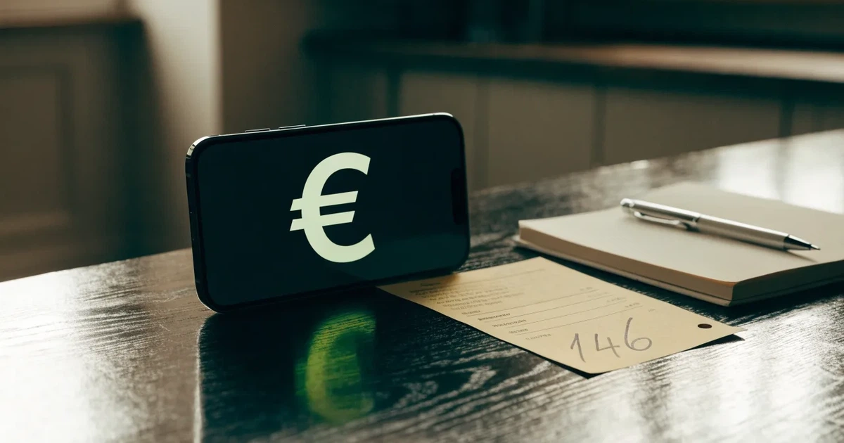 Ein Smartphone mit dunklem Bildschirm liegt neben einer Geldbörse und wenigen Münzen auf einem Holztisch im weichen Fensterlicht.