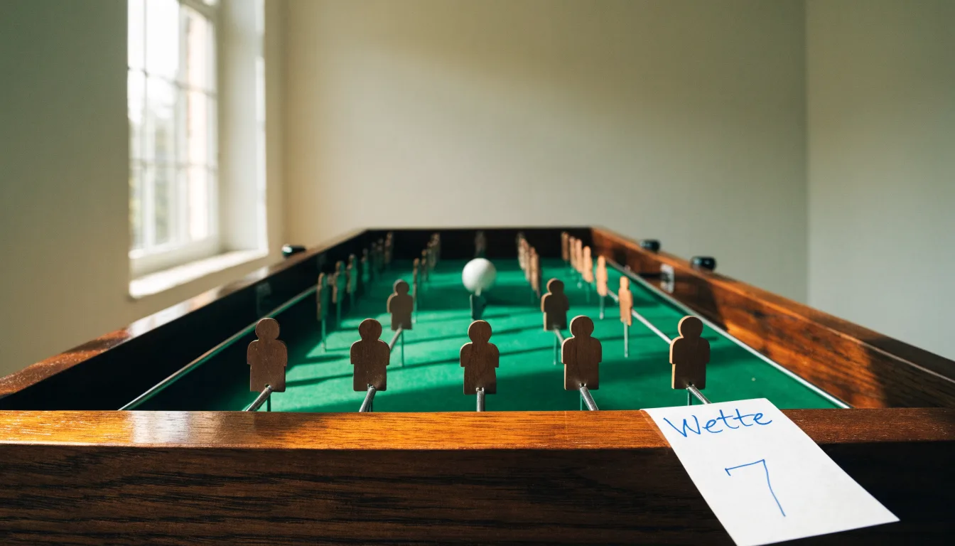 Ein Tischkicker in einem leeren Raum, die Spielfiguren in Reihe, Tageslicht fällt durch ein großes Fenster.