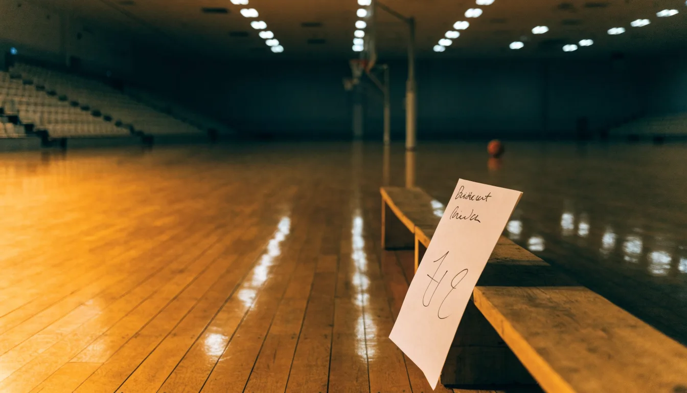 Ein Basketballfeld in einer leeren Halle, das Parkett spiegelt das Licht der Deckenlampen.
