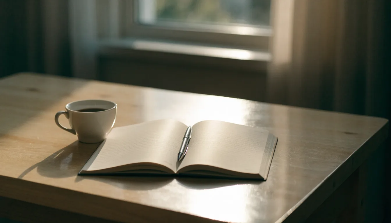 Eine Tasse Kaffee, ein Kugelschreiber und ein aufgeschlagenes leeres Notizbuch auf einem Küchentisch am Fenster.