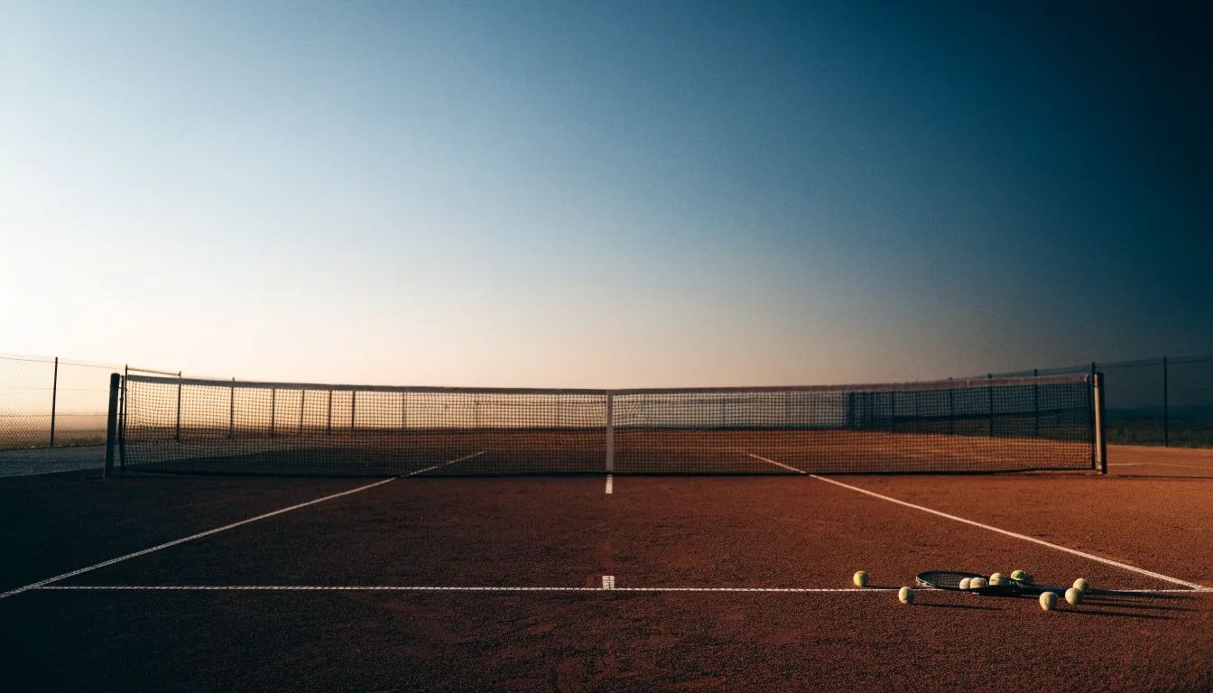 Ein Tennisplatz in der Dämmerung, Netz und Linien im Zwielicht, ohne Menschen und mit ruhigem Himmel.