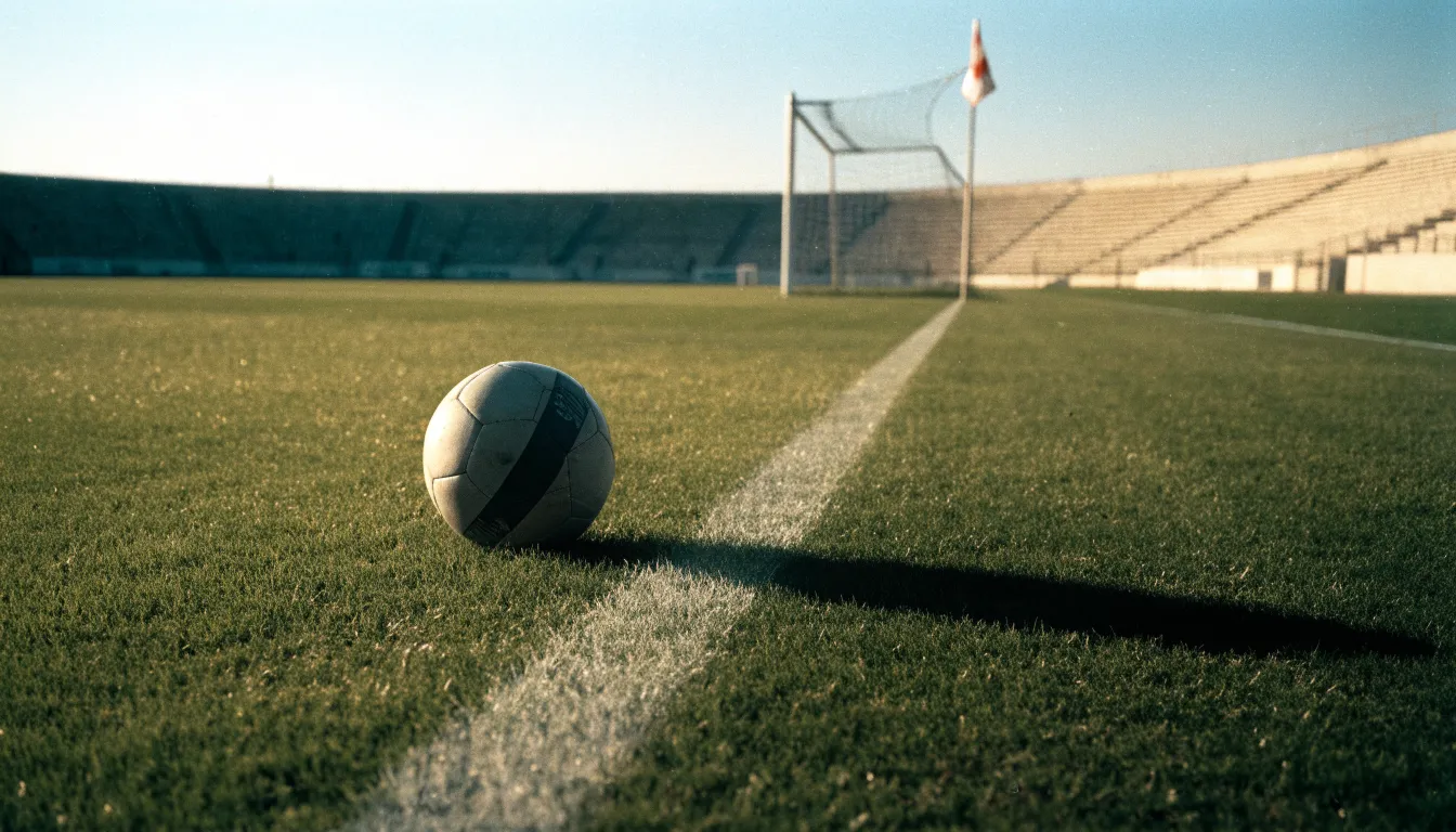 Ein Fußball liegt am Spielfeldrand eines Rasenplatzes, im Hintergrund eine leere Tribüne unter hellem Himmel.