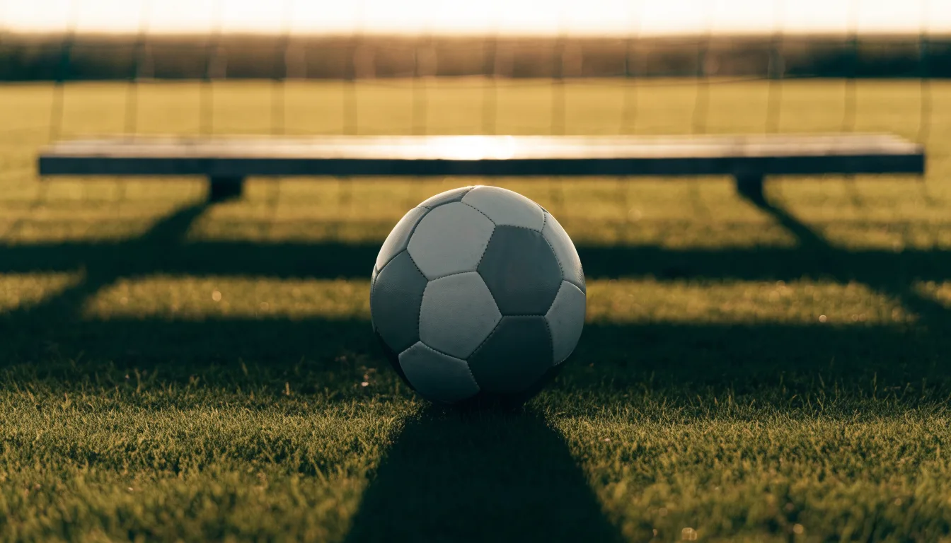 Ein Fußball auf einem Rasenplatz im Gegenlicht der tiefstehenden Sonne, am Rand eine leere Ersatzbank.