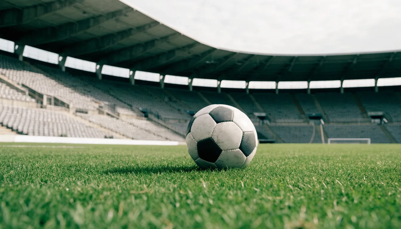 Ein Fußball auf einem Rasen, im Hintergrund ein leeres Stadion bei bewölktem Himmel.