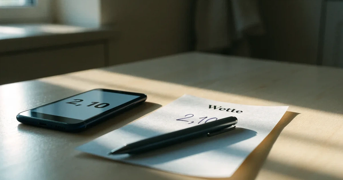 Ein Taschenrechner, ein Stift und ein Smartphone mit dunklem Bildschirm liegen auf einem Küchentisch im Morgenlicht.