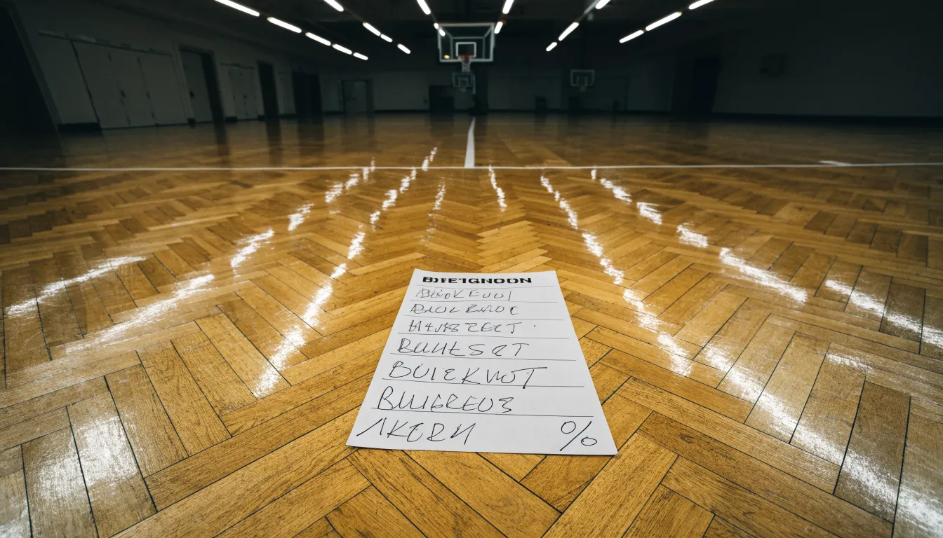 Ein Basketballfeld in einer leeren Halle, das Parkett spiegelt das Deckenlicht.