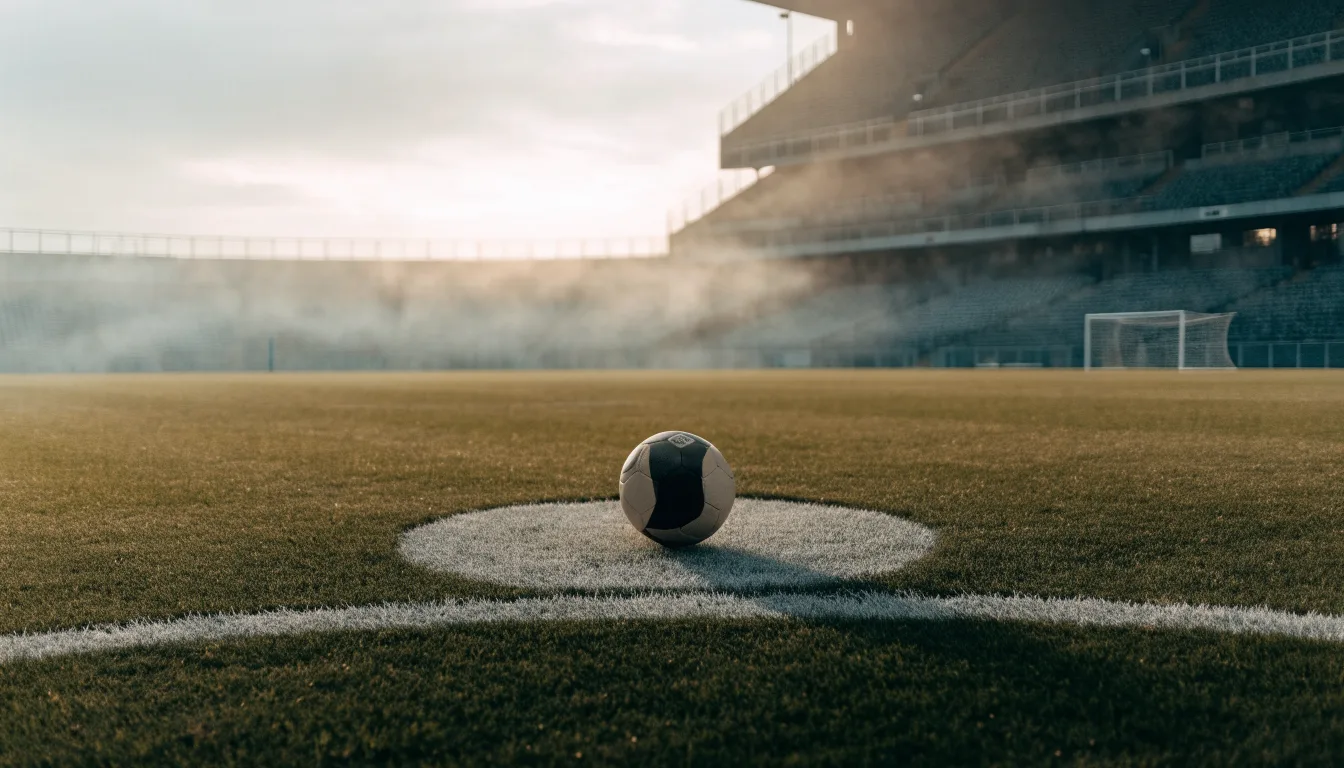 Ein Fußball liegt auf dem Anstoßpunkt eines leeren Rasenplatzes, im Hintergrund hängt Morgendunst über den Tribünen.