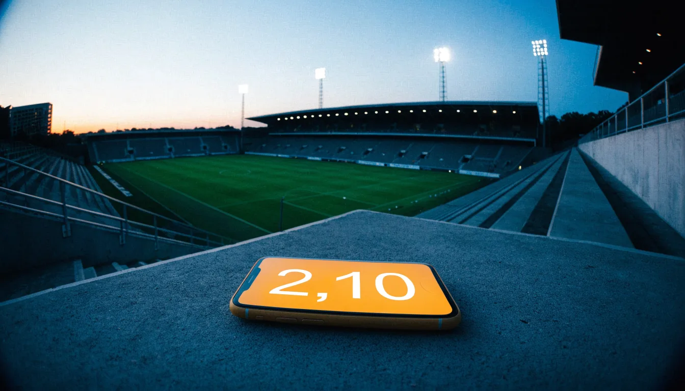 Ein Fußballstadion unter Flutlicht, aus großer Entfernung bei Einbruch der Dunkelheit gesehen, davor ein leerer Parkplatz.