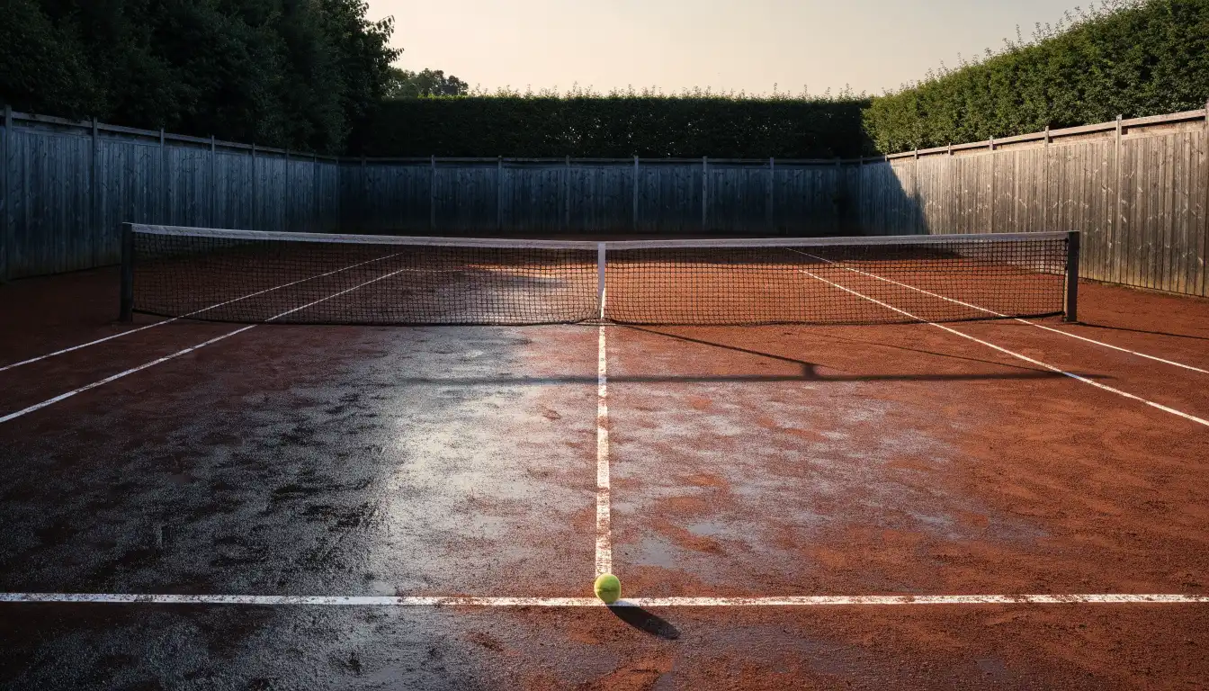 Ein Tennisplatz bei Sonnenaufgang, die Linien noch taufeucht, ein einzelner Ball liegt an der Grundlinie.