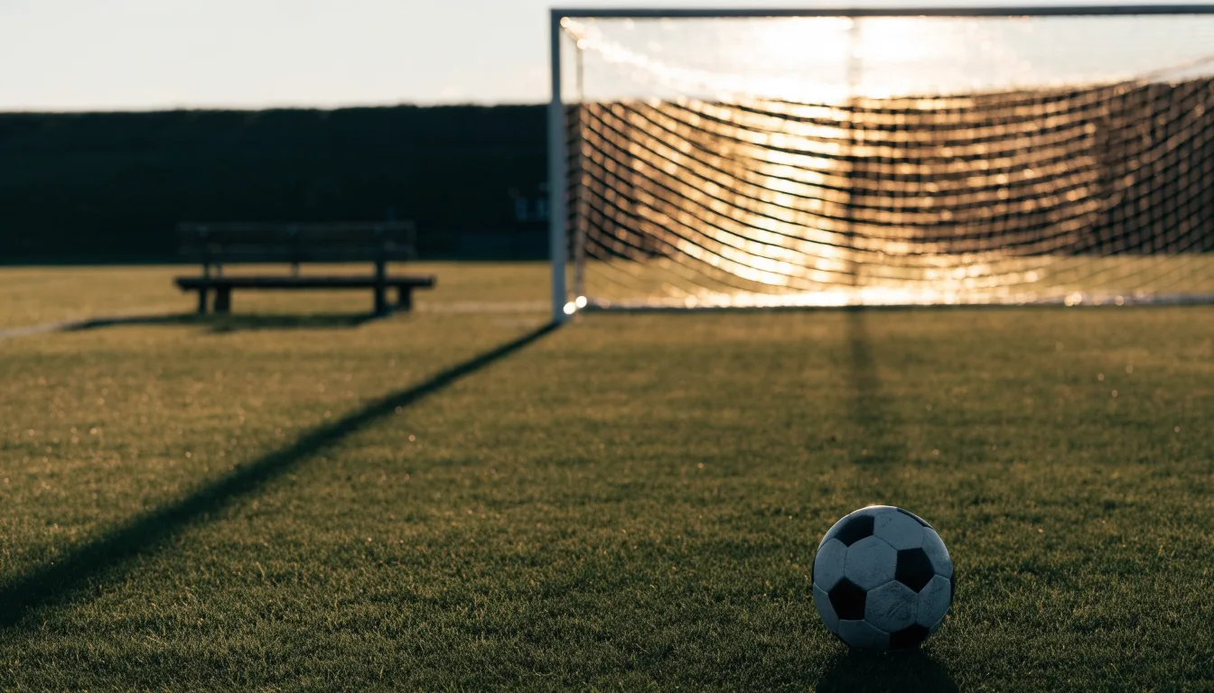 Ein Fußball liegt im Gras am Spielfeldrand, dahinter eine leere Bank und ein Tor im Gegenlicht.