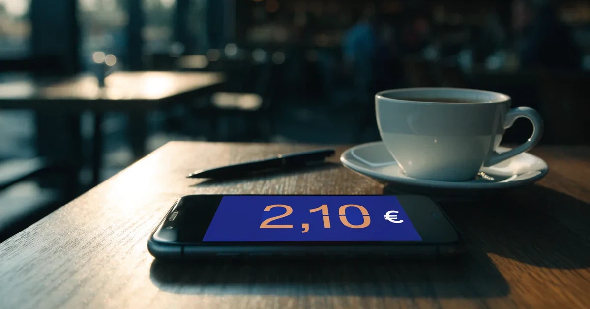 Ein Smartphone liegt mit dunklem Display auf einem Café-Tisch neben einer Tasse Kaffee und einem Kugelschreiber.