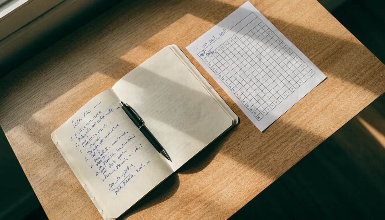 Ein Notizbuch mit handschriftlichen Notizen liegt aufgeschlagen neben einem leeren Papier-Wettschein auf einem Holztisch.