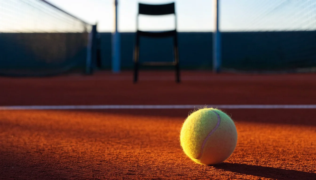 Ein Tennisball liegt auf einem roten Sandplatz bei Sonnenaufgang, im Hintergrund ein leerer Schiedsrichterstuhl.