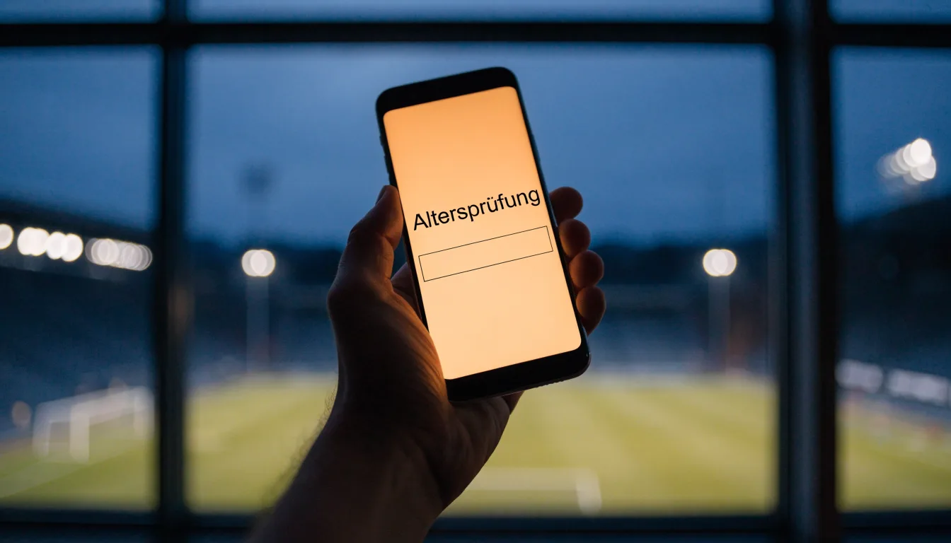 Ein Stadion unter Flutlicht aus der Ferne, davor ein stilles Feld im Dämmerlicht.