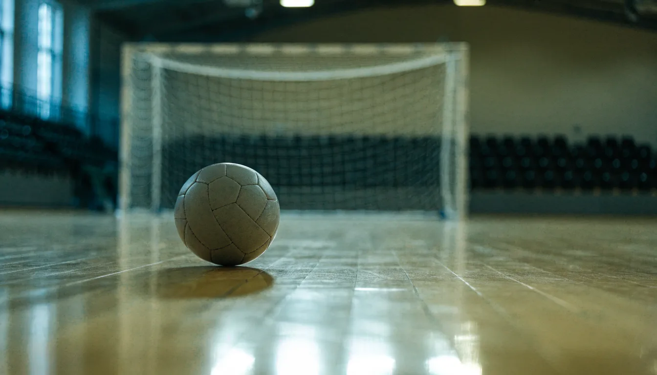 Ein Handball liegt in einer leeren Halle auf dem Boden vor dem Tor.