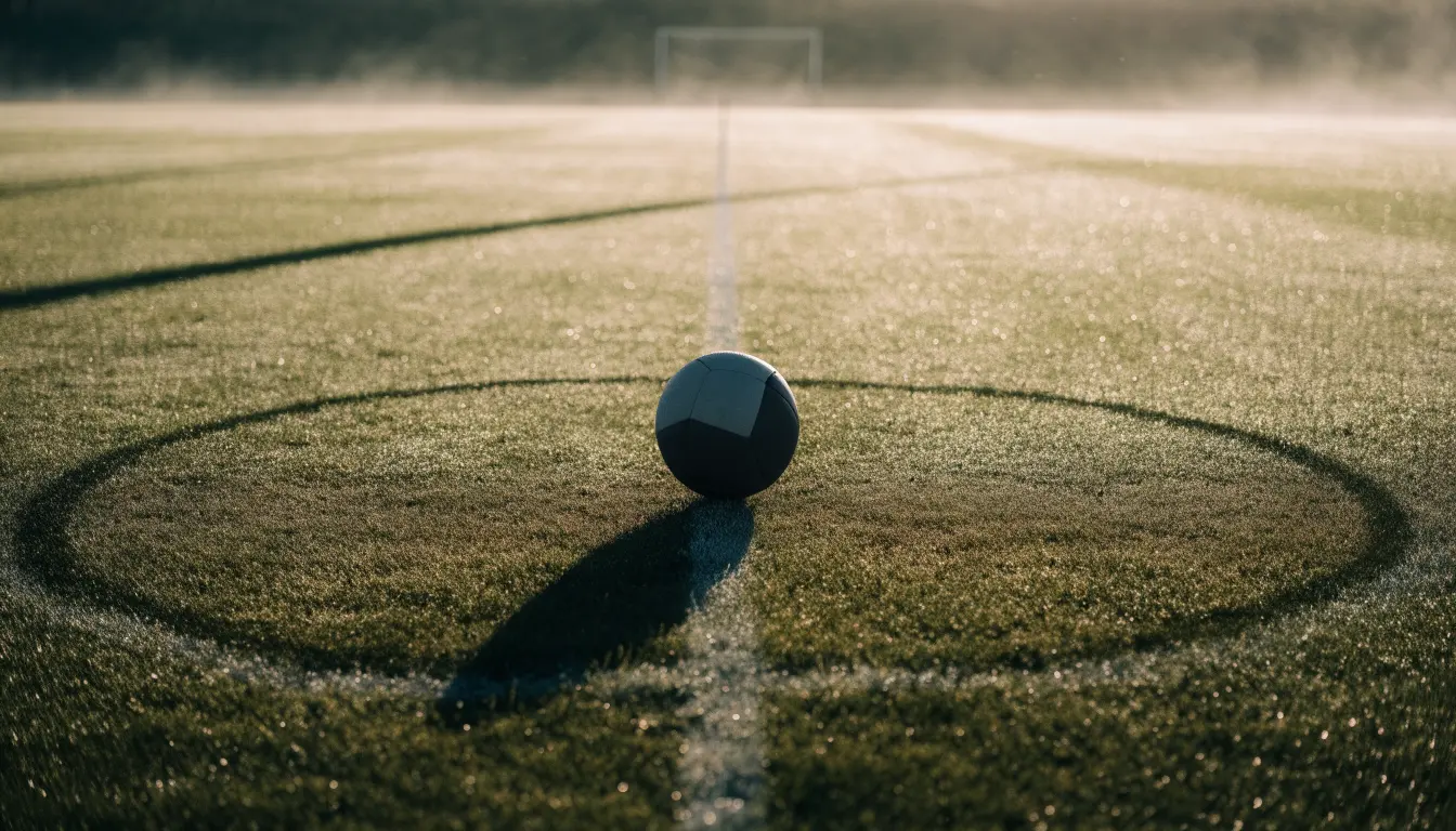 Ein Fußball liegt auf dem Anstoßkreis eines leeren Rasenplatzes im frühen Morgenlicht.