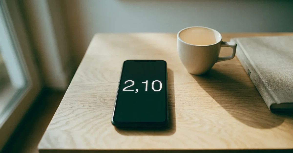 Ein Smartphone mit dunklem Display liegt neben einer Kaffeetasse und einem Notizbuch auf einem Küchentisch.