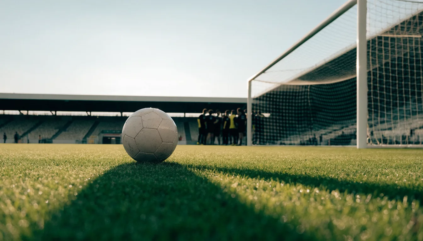 Ein Fußball auf dem Rasen vor einem leeren Tor im frühen Morgenlicht.