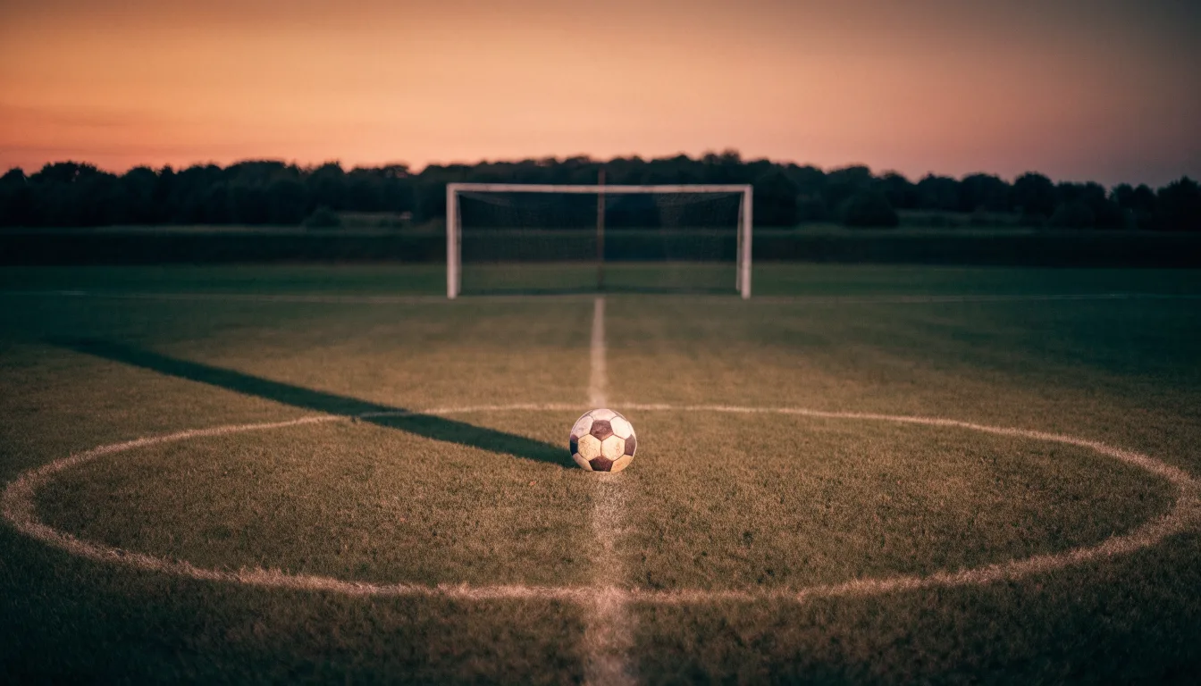 Ein Fußball liegt in der Mitte eines leeren Rasenplatzes, am Horizont färbt sich der Himmel orange.