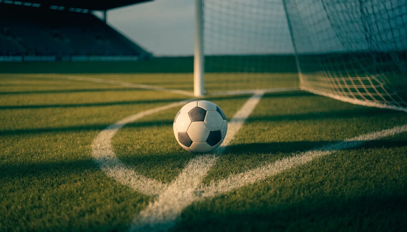 Ein Fußball liegt im Strafraum eines leeren Platzes, dahinter die Netze des Tores im Abendlicht.