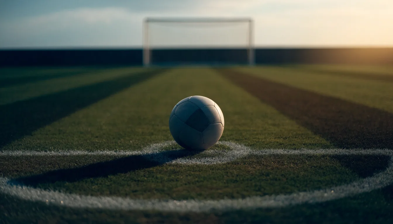 Ein Fußball liegt auf dem Elfmeterpunkt eines leeren Platzes im Abendlicht.