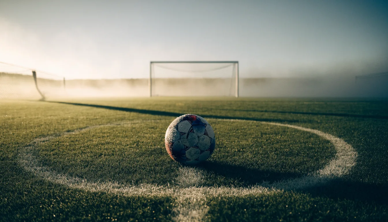 Ein Fußball auf dem Mittelkreis eines leeren Rasenplatzes im frühen Morgenlicht.
