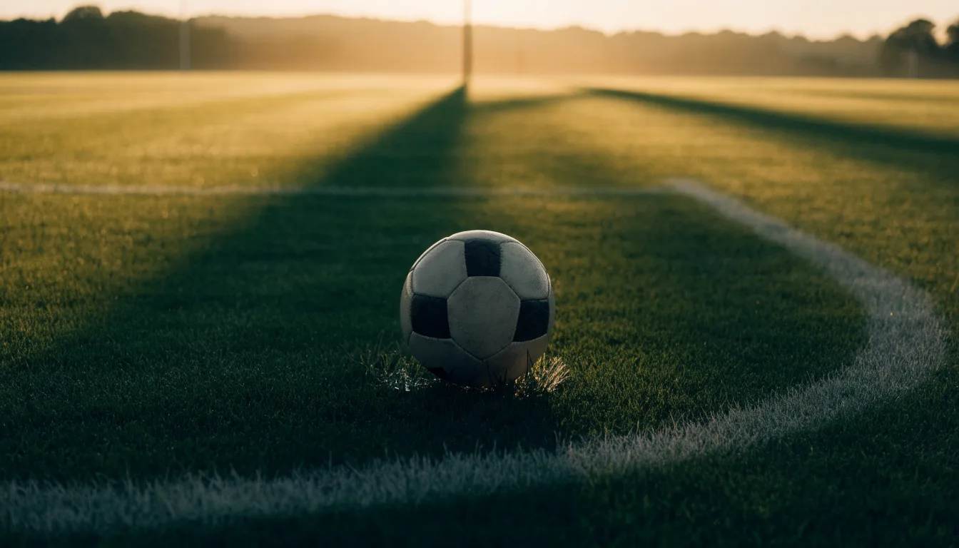 Ein Fußball liegt am Rand des Mittelkreises auf einem leeren Rasenplatz bei Sonnenaufgang.
