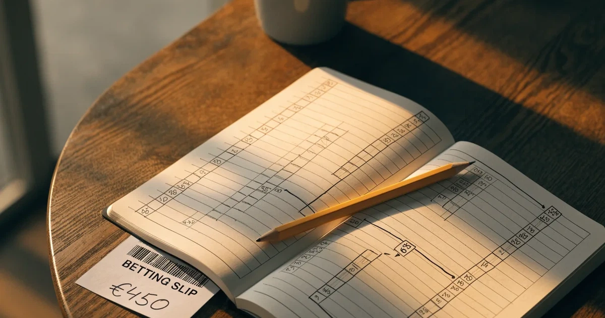 Ein Notizbuch mit handschriftlichen Kästchen und Linien liegt neben einem Bleistift und einem Taschenrechner auf einem Schreibtisch.