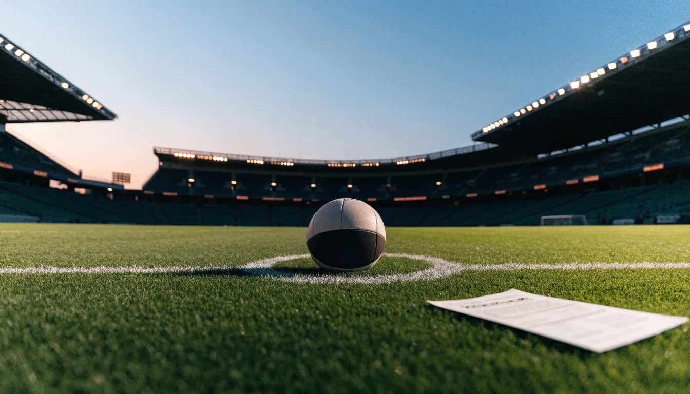Ein Fußball liegt auf dem Anstoßpunkt eines leeren Rasenplatzes, im Hintergrund ein Stadion unter Flutlicht in der Abenddämmerung.