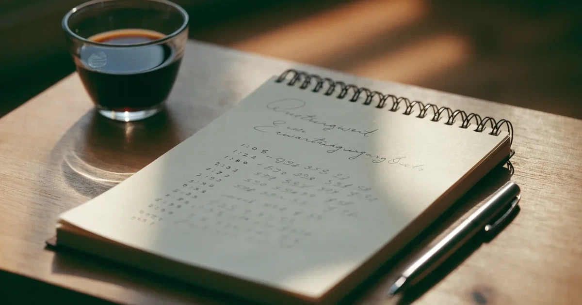 Ein Notizbuch mit handschriftlichen Rechnungen und ein Taschenrechner liegen auf einem Schreibtisch neben einer Tasse Kaffee im Licht des frühen Morgens.