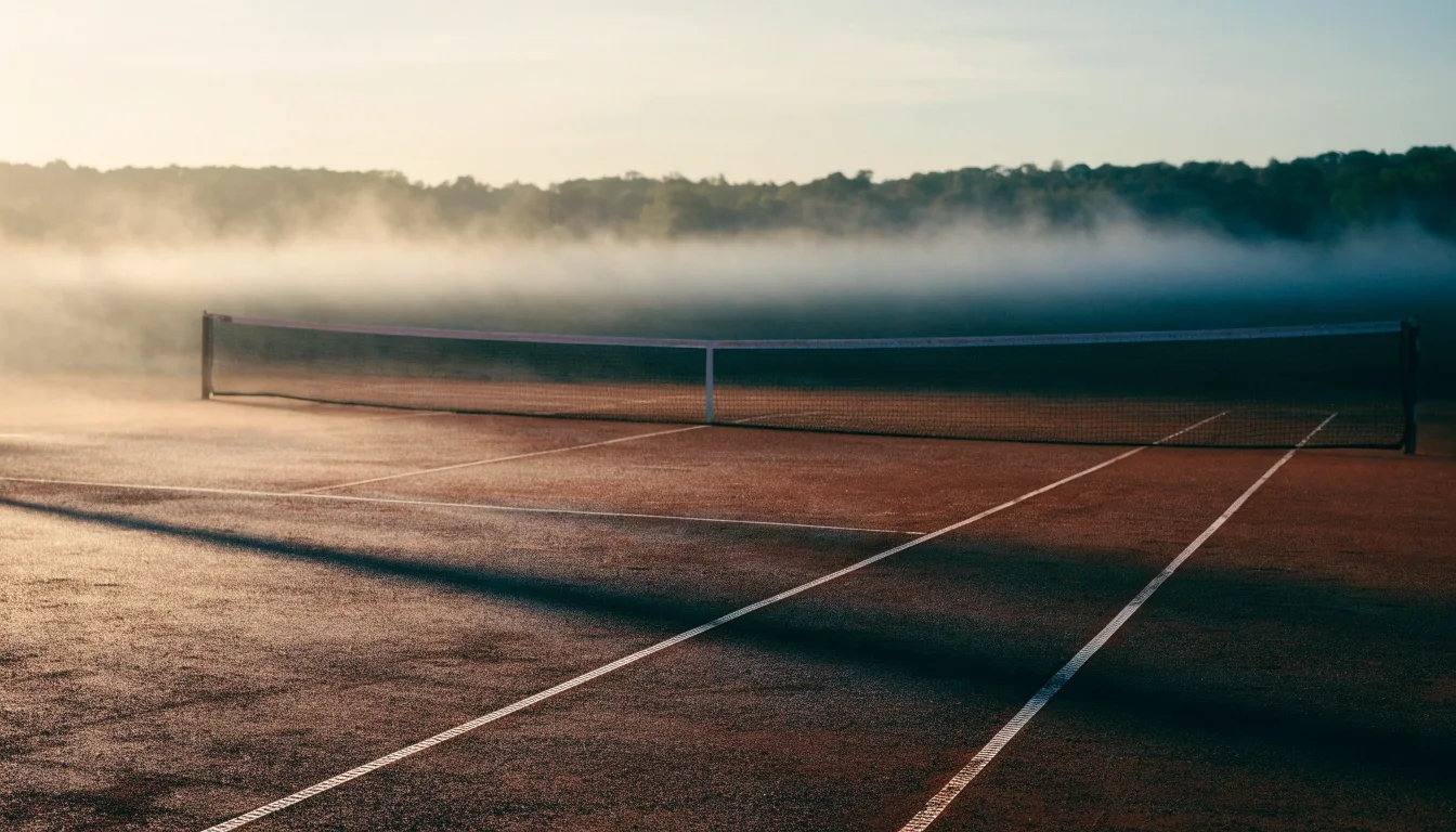Ein Tennisplatz im Morgengrauen, das Netz und die Linien liegen im Tau, im Hintergrund leichter Nebel und kein Mensch zu sehen.