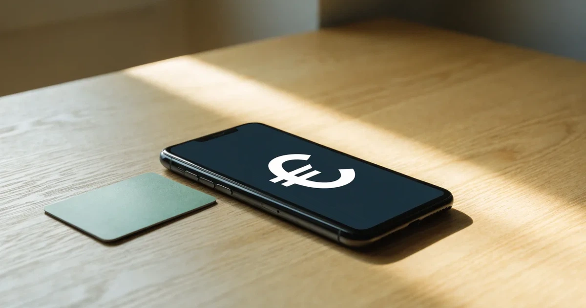 Ein Smartphone mit dunklem Display liegt neben einer schlichten Plastikkarte ohne Aufdruck auf einem hellen Schreibtisch.
