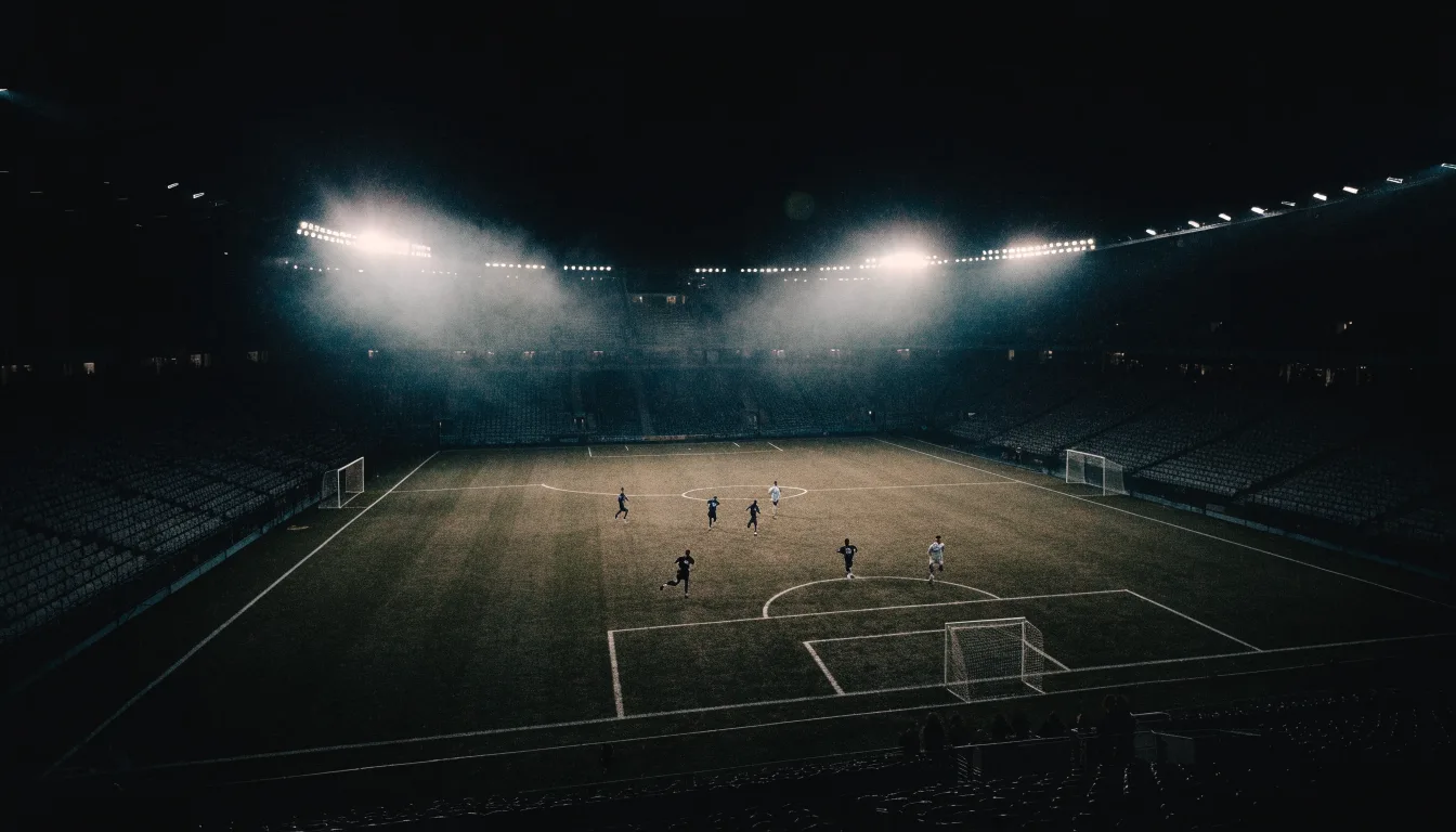 Ein Stadion unter Flutlicht, aus großer Entfernung über eine dunkle Wiese fotografiert, am Himmel zieht Nebel auf.