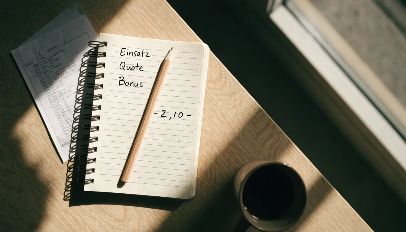 Ein Notizbuch mit handschriftlichen Notizen und ein Bleistift liegen auf einem Schreibtisch am Fenster, draußen fällt Morgenlicht herein.