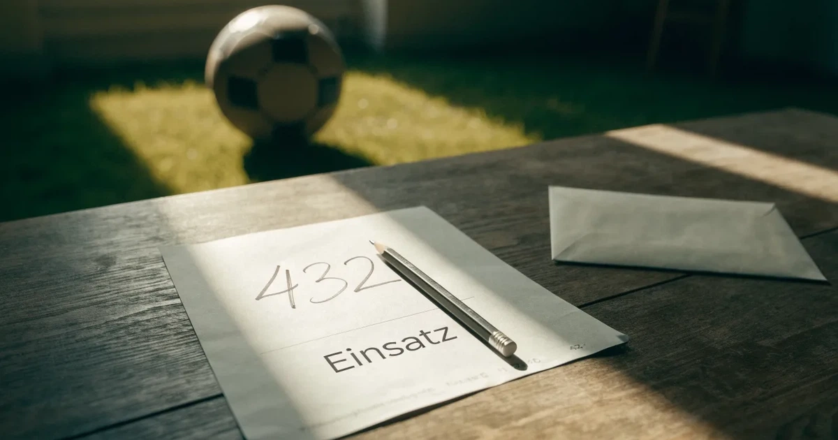 Ein verschlossener leerer Briefumschlag liegt neben einem Fußball auf grünem Rasen im warmen Licht des Nachmittags.