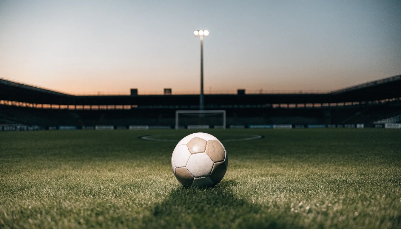 Ein Fußball liegt auf dem Anstoßpunkt eines leeren Rasenplatzes, im Hintergrund steht ein Stadion unter Flutlicht in der Dämmerung.