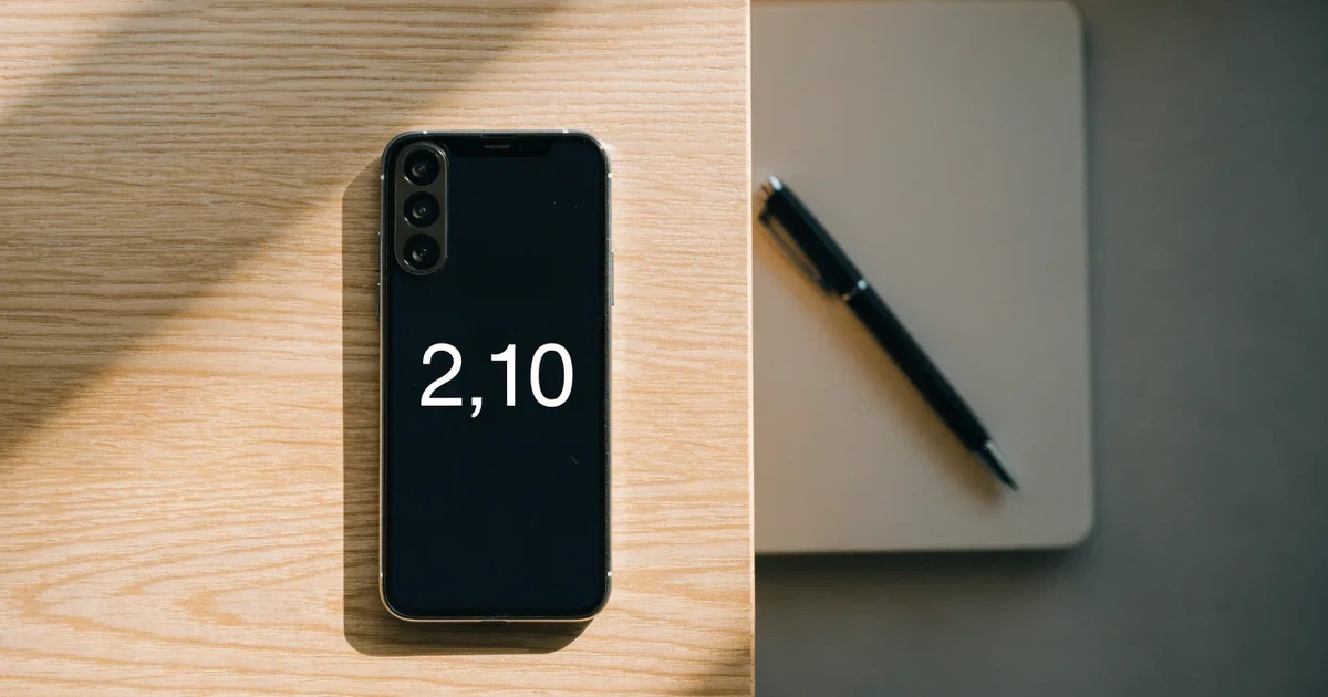 Ein Smartphone liegt neben einem Notizbuch und einem Kugelschreiber auf einem hellen Schreibtisch, das Display ist ausgeschaltet.