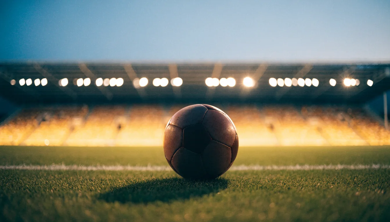 Ein Fußball liegt auf dem Rasen eines leeren Platzes, im Hintergrund ein Stadion unter Flutlicht in der Abenddämmerung.