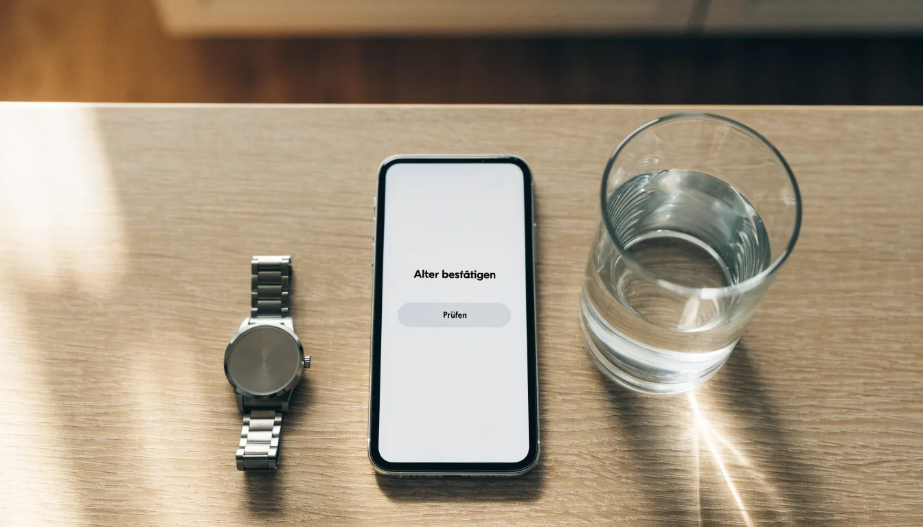 Ein Smartphone liegt mit dem Display nach unten auf einem Küchentisch, daneben stehen ein Glas Wasser und eine Armbanduhr.