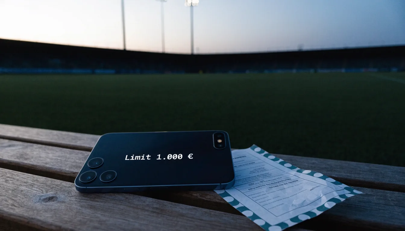 Eine leere Parkbank am Rand eines Fußballfelds in der Abenddämmerung, im Hintergrund ragen dunkle Flutlichtmasten in den Himmel.