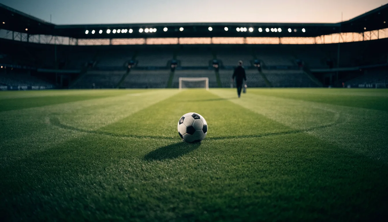 Ein Fußball liegt auf dem Anstoßpunkt eines leeren Rasenplatzes, im Hintergrund steht ein Stadion unter Flutlicht in der Dämmerung.