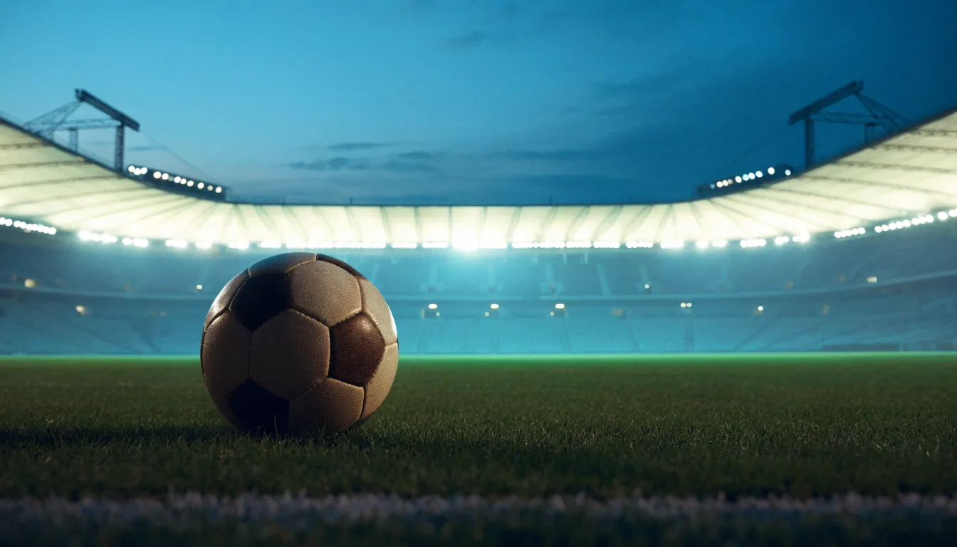 Ein Fußball liegt auf dem Rasen eines leeren Platzes, im Hintergrund ein Stadion unter Flutlicht in der Abenddämmerung.