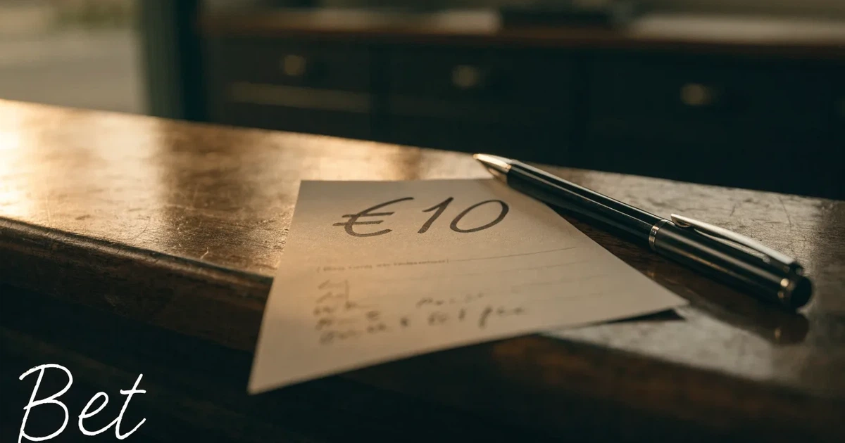 Ein leerer Wettschein aus Papier liegt neben einem Stift auf einer hölzernen Theke, weiches Licht fällt von der Seite ein.