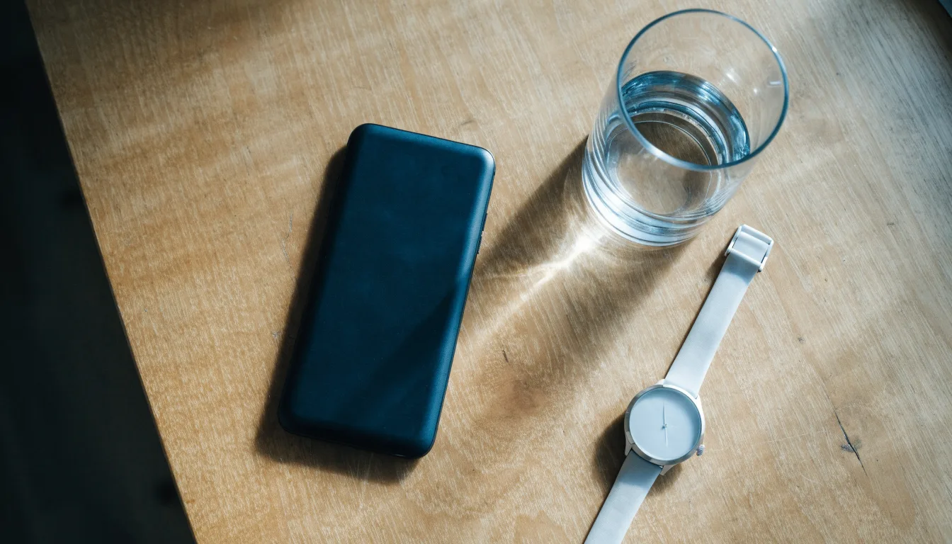 Ein Smartphone liegt mit dem Display nach unten auf einem Küchentisch, daneben stehen ein Glas Wasser und eine Armbanduhr.